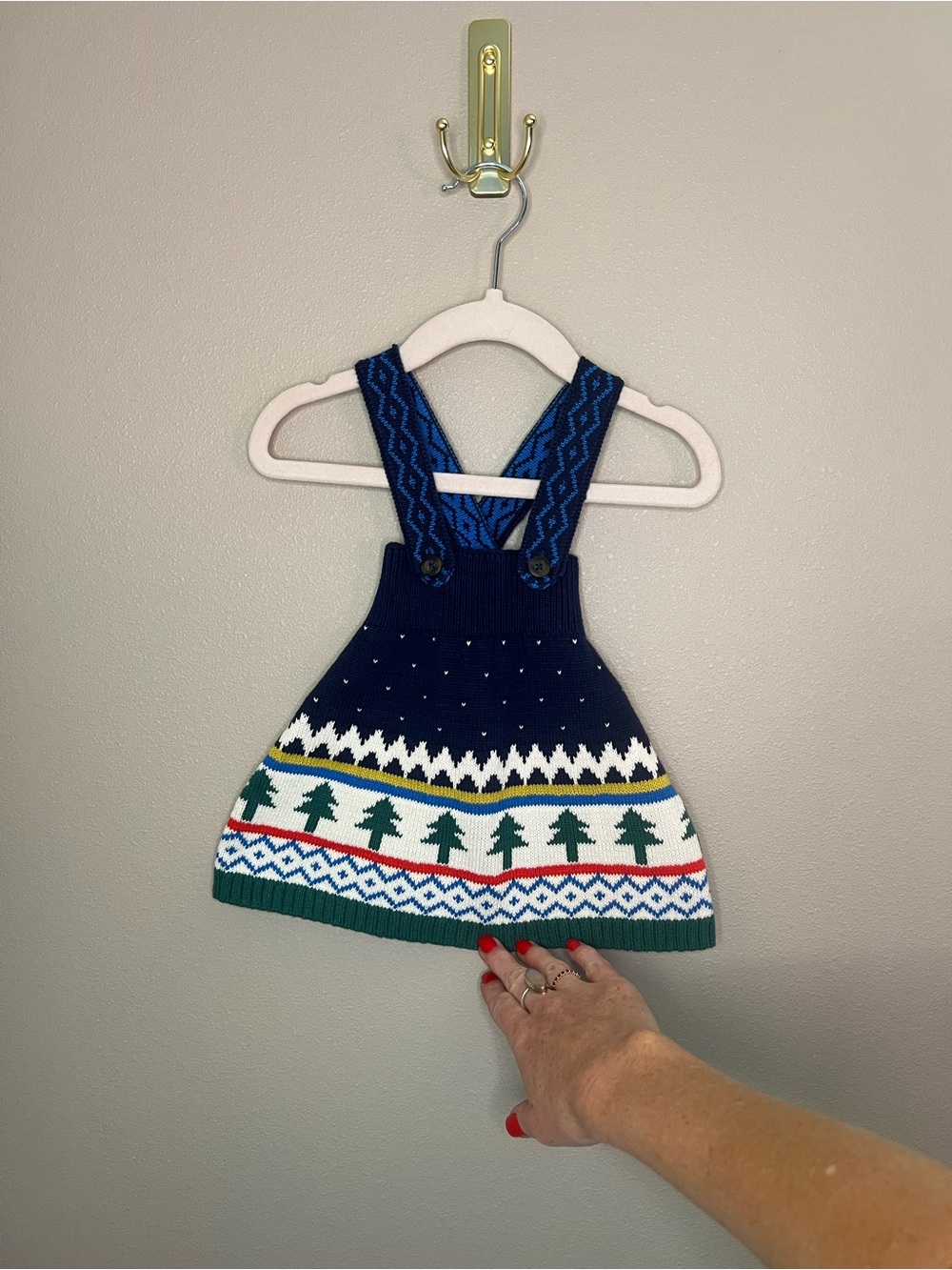 3-6m Hanna Andersson Navy Knit Pinafore Dress with Green Tree Pattern